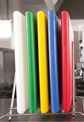 Close up of cutting boards in commercial kitchen