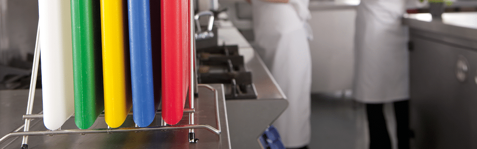 Close up of cutting boards in commercial kitchen