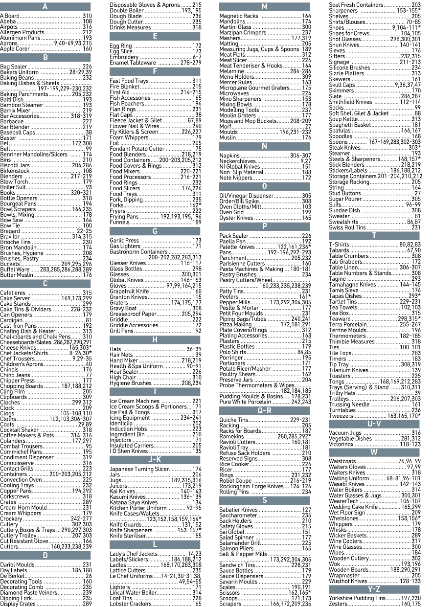 A Board 310 Abeba 108 Airpots 316 Allergen Products 212 Aluminium Pans 193 Aprons 9,40-69,93,215 Apple Corer 160 Ba...