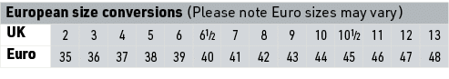 European size conversions (Please note Euro sizes may vary),UK,2,3,4,5,6,61⁄2,7,8,9,10,101⁄2,11,12,13,Euro,35,36,37,3...
