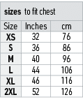 sizes to fit chest,Size,Inches,cm,XS,32,76,S,36,86,M,40,96,L,44,106,XL,46,116,2XL,52,126
