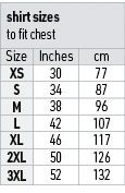 shirt sizes to fit chest,Size,Inches,cm,XS,30,77,S,34,87,M,38,96,L,42,107,XL,46,117,2XL,50,126,3XL,52,132