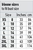 blouse sizes to fit bust size,Size,Inches,cm,XS,8,33,84,S,10,35,89,M,12,37,94,L,14,39,99,XL,16,41,104,2XL,18,43,109,3...