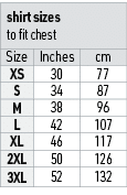 shirt sizes to fit chest,Size,Inches,cm,XS,30,77,S,34,87,M,38,96,L,42,107,XL,46,117,2XL,50,126,3XL,52,132