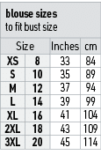 blouse sizes to fit bust size,Size,Inches,cm,XS,8,33,84,S,10,35,89,M,12,37,94,L,14,39,99,XL,16,41,104,2XL,18,43,109,3...