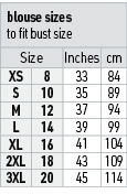 blouse sizes to fit bust size,Size,Inches,cm,XS,8,33,84,S,10,35,89,M,12,37,94,L,14,39,99,XL,16,41,104,2XL,18,43,109,3...