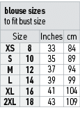 blouse sizes to fit bust size,Size,Inches,cm,XS,8,33,84,S,10,35,89,M,12,37,94,L,14,39,99,XL,16,41,104,2XL,18,43,109