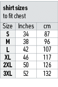 shirt sizes to fit chest,Size,Inches,cm,S,34,87,M,38,96,L,42,107,XL,46,117,2XL,50,126,3XL,52,132