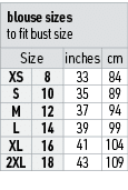 blouse sizes to fit bust size,Size,inches,cm,XS,8,33,84,S,10,35,89,M,12,37,94,L,14,39,99,XL,16,41,104,2XL,18,43,109