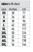 sizes to fit chest,size,inches,cm,XS,30,77,S,34,87,M,38,96,L,42,107,XL,46,117,2XL,50,126,3XL,52,132,4XL,54,138,5XL,56...