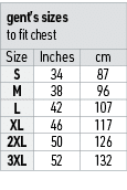 gent’s sizes to fit chest,Size,Inches,cm,S,34,87,M,38,96,L,42,107,XL,46,117,2XL,50,126,3XL,52,132