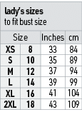 lady’s sizes to fit bust size,Size,Inches,cm,XS,8,33,84,S,10,35,89,M,12,37,94,L,14,39,99,XL,16,41,104,2XL,18,43,109