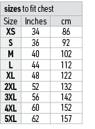 sizes to fit chest,Size,Inches,cm,XS,34,86,S,36,92,M,40,102,L,44,112,XL,48,122,2XL,52,132,3XL,56,142,4XL,60,152,5XL,6...