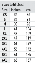 sizes to fit chest,Size,Inches,cm,XS,34,86,S,36,91,M,38,96,L,41,104,XL,43,109,2XL,47,119,3XL,51,129,4XL,56,142,5XL,61...