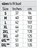 sizes to fit bust,Size,Inches,cm,S,37,94,M,40,102,L,42,107,XL,44,112,2XL,47,120,3XL,49,125,4XL**,51,130,5XL**,53,135