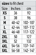 sizes to fit chest,Size,Inches,cm,XS,36,92,S,38,96,M,40-42,102-107,L,42-44,107-112,XL,46-48,117-122,2XL,50,127,3XL,52...