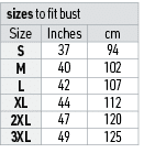 sizes to fit bust,Size,Inches,cm,S,37,94,M,40,102,L,42,107,XL,44,112,2XL,47,120,3XL,49,125