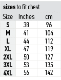 sizes to fit chest,Size,Inches,cm,S,38,96,M,41,104,L,44,112,XL,47,119,2XL,50,127,3XL,53,135,4XL,56,142