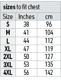 sizes to fit chest,Size,Inches,cm,S,38,96,M,41,104,L,44,112,XL,47,119,2XL,50,127,3XL,53,135,4XL,56,142