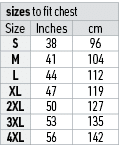 sizes to fit chest,Size,Inches,cm,S,38,96,M,41,104,L,44,112,XL,47,119,2XL,50,127,3XL,53,135,4XL,56,142