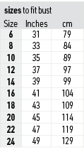 sizes to fit bust,Size,Inches,cm,6,31,79,8,33,84,10,35,89,12,37,97,14,39,99,16,41,104,18,43,109,20,45,114,22,47,119,2...