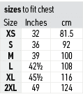 sizes to fit chest,Size,Inches,cm,XS,32,81.5,S,36,92,M,39,100,L,421/2,108,XL,451/2,116,2XL,49,124