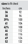 sizes to fit chest,Inches,cm,36,92,38,96,391/2,100,41,104,421/2,108,44,112,45,116,49,124,52,132