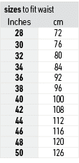 sizes to fit waist,Inches,cm,28,72,30,76,32,80,34,84,36,92,38,96,40,100,42,108,44,112,46,116,48,120,50,126