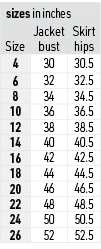 sizes in inches,,Jacket,Skirt,Size,bust,hips,4,30,30.5,6,32,32.5,8,34,34.5,10,36,36.5,12,38,38.5,14,40,40.5,16,42,42....