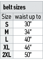 belt sizes,Size,waist up to,S,30”,M,34”,L,40”,XL,46”,2XL,50”