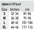 sizes to fit bust,Size,Inches,cm,S,32-34,81-86,M,36-38,91-96,L,40-42,101-106,XL,44-46,111-116