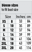 blouse sizes to fit bust size,Size,Inches,cm,XS,8,33,84,S,10,35,89,M,12,37,94,L,14,39,99,XL,16,41,104,2XL,18,43,109,3...