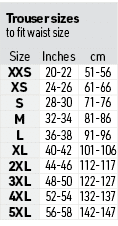Trouser sizes to fit waist size,Size,Inches,cm,XXS,20-22,51-56,XS,24-26,61-66,S,28-30,71-76,M,32-34,81-86,L,36-38,91-...