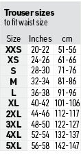 Trouser sizes to fit waist size,Size,Inches,cm,XXS,20-22,51-56,XS,24-26,61-66,S,28-30,71-76,M,32-34,81-86,L,36-38,91-...