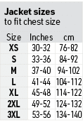 Jacket sizes to fit chest size,Size,Inches,cm,XS,30-32,76-82,S,33-36,84-92,M,37-40,94-102,L,41-44,104-112,XL,45-48,11...