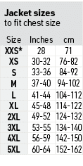 Jacket sizes to fit chest size,Size,Inches,cm,XXS*,28,71,XS,30-32,76-82,S,33-36,84-92,M,37-40,94-102,L,41-44,104-112,...