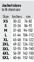 Jacket sizes to fit chest size,Size,Inches,cm,XS,30-32,76-82,S,33-36,84-92,M,37-40,94-102,L,41-44,104-112,XL,45-48,11...