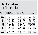 Jacket sizes to fit bust size,Size,UK Size,Bust Size,cm,XS,6 - 8,30 - 32,76-82,S,10 - 12,34 - 36,88-92,M,14 - 16,38 -...