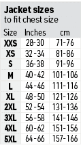 Jacket sizes to fit chest size,Size,Inches,cm,XXS,28-30,71-76,XS,32 -34,81-86,S,36-38,91-96,M,40 -42,101-106,L,44 -46...
