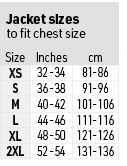 Jacket sizes to fit chest size,Size,Inches,cm,XS,32 -34,81-86,S,36 -38,91-96,M,40 -42,101-106,L,44 -46,111-116,XL,48 ...