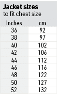 Jacket sizes to fit chest size,Inches,cm,36,92,38,97,40,102,42,106,44,112,46,116,48,122,50,127,52,132