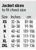 Jacket sizes to fit chest size,Size,Inches,cm,XS,32 -34,81-86,S,36 -38,91-96,M,40 -42,101-106,L,44 -46,111-116,XL,48 ...