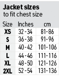 Jacket sizes to fit chest size,Size,Inches,cm,XS,32 -34,81-86,S,36 -38,91-96,M,40 -42,101-106,L,44 -46,111-116,XL,48 ...