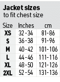 Jacket sizes to fit chest size,Size,Inches,cm,XS,32 -34,81-86,S,36 -38,91-96,M,40 -42,101-106,L,44 -46,111-116,XL,48 ...
