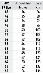 Euro FR Size,UK Size Chest Inches,Chest cm,42,34,84,44,35,88,46,36,92,48,38,96,50,40,100,52,42,104,54,43,108,56,44,11...