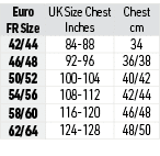 Euro FR Size,UK Size Chest Inches,Chest cm,42/44,84-88,34,46/48,92-96,36/38,50/52,100-104,40/42,54/56,108-112,42/44,5...