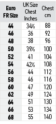 Euro FR Size,UK Size Chest Inches,Chest cm,44,34½,88,46,36,92,48,38,96,50,39½,100,52,41,104,54,42½,108,56,44,112,58,4...