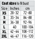 Coat sizes to fit bust,Size,Inches,cm,XS,28 -32,72 -80,S,33 -34,84 -88,M,36 -38,92 -96,L,40,100 -104,XL,42 -44,108 -1...