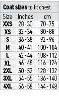 Coat sizes to fit chest,Size,Inches,cm,XXS,28 -30,70 -75,XS,32 -34,80 -88,S,36 -38,92 -96,M,40 -41,100 -104,L,42 -44,...