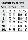 Coat sizes to fit chest,Size,Inches,cm,S,36 -38,92 -96,M,40 -41,100 -104,L,42 -44,108 -112,XL,46 -48,116 -124,2XL,50 ...